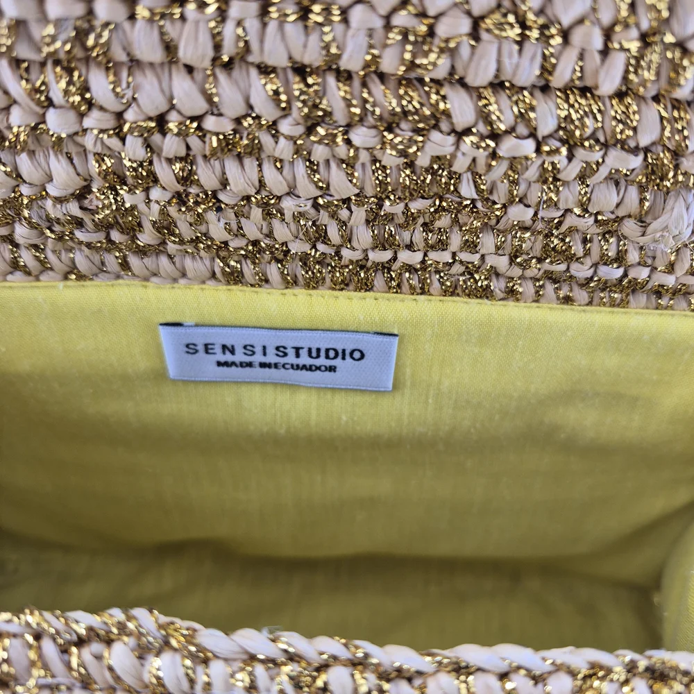 Woven Straw Top-Handle Bag in Gold and Cream